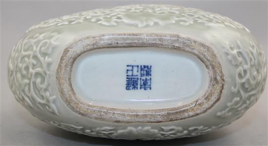 A Chinese moulded and celadon glazed moonflask, Yongzheng mark but later, 24.2cm